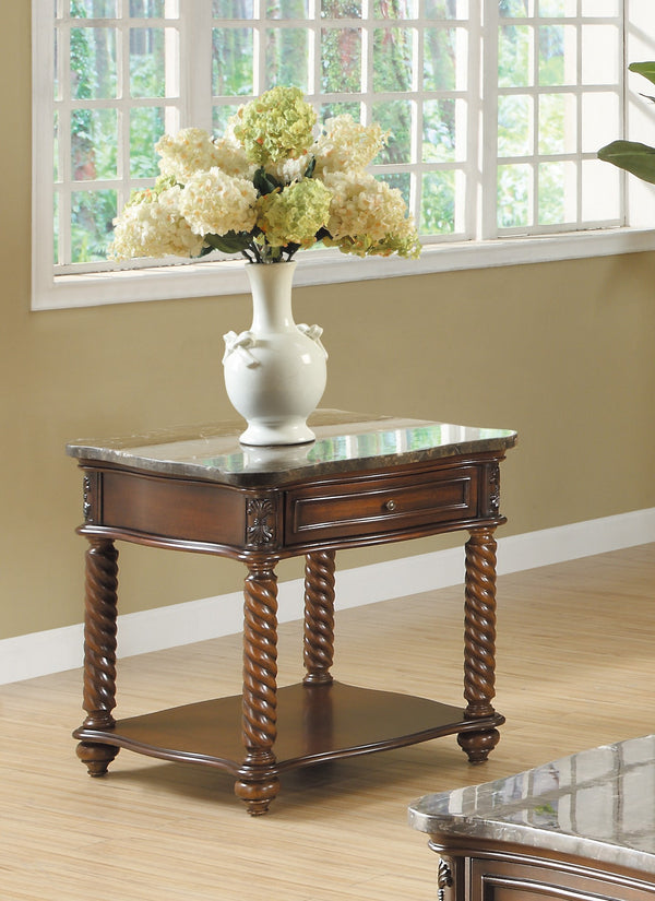 English Elm Traditional Lockwood Marble Top End Table with Drawer & Shelf, Mahogany Finish, Carved Spiral Legs B011P175733