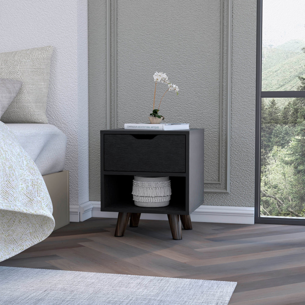 English Elm Wenge Modern 1-Drawer Nightstand with Open Shelf & Wood Legs — Compact, Stylish Bedroom Storage B062P175114