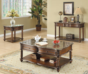 English Elm Traditional Lockwood Marble Top End Table with Drawer & Shelf, Mahogany Finish, Carved Spiral Legs B011P175733
