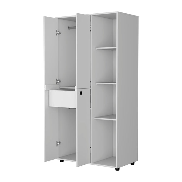 English Elm White 1-Drawer Armoire Closet Slim 4-Door Wardrobe with Hanging Rods & Open Shelves for Small Spaces B062S00555