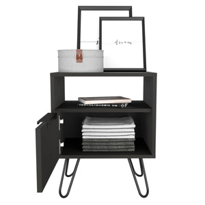 English Elm Nightstand Modern Black 22"H with Hairpin Legs, Open Shelf & Single Door Cabinet for Small Spaces B097132923