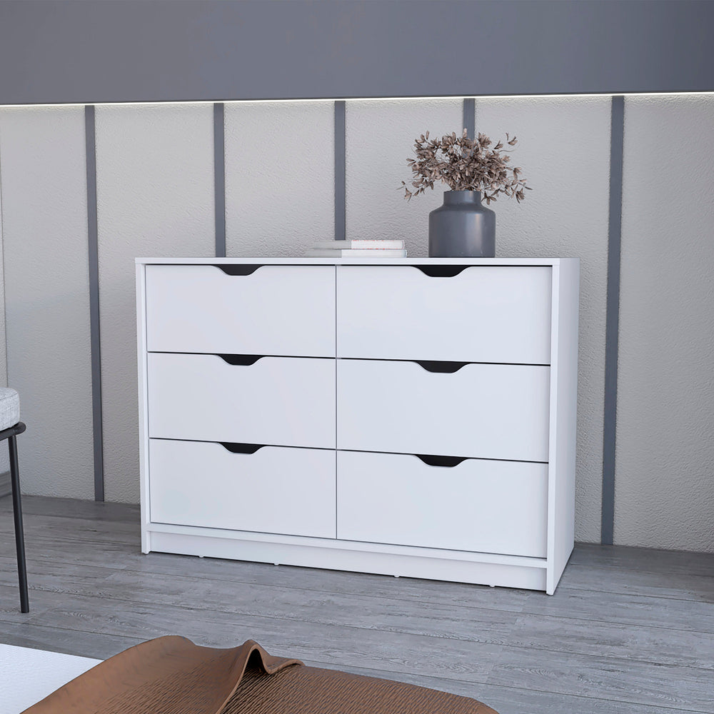 English Elm White 4-Drawer Dresser with Cabinets and Display Top — Sleek White Storage Solution for Elegant Bedrooms B062P175093