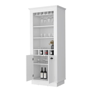English Elm White Chic 4-Built In Wine Rack Bar Cabinet with 10-Glass Holder, Open Shelves & Spacious Storage for Entertaining Elegance B062S00383