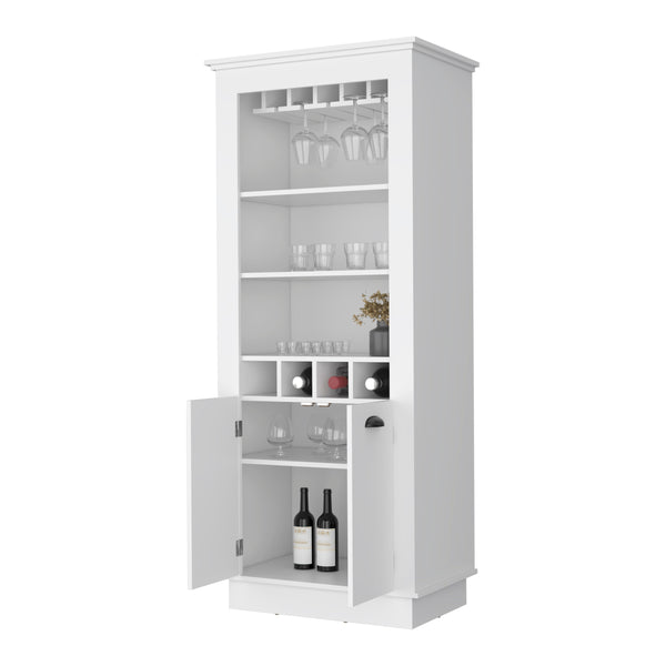 English Elm White Chic 4-Built In Wine Rack Bar Cabinet with 10-Glass Holder, Open Shelves & Spacious Storage for Entertaining Elegance B062S00383