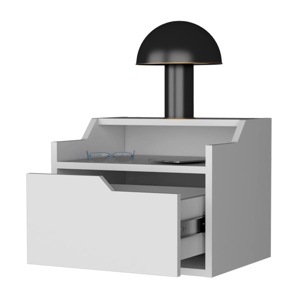 English Elm White Floating Nightstand with Drawer and Dual Shelves — Wall-Mounted Modern White Display for Small Spaces B062P175143