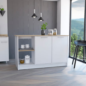 English Elm Juniper Kitchen Island with Large 59" Worktop, 4 Open Shelves & 2 Cabinets in Light Oak/White B200S00128