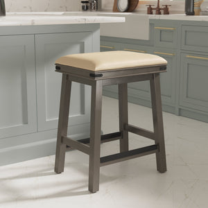 English Elm 24" Counter Stool Weathered Gray with French Gray Bonded Leather Seat, Hardwood Frame & Metal Accents B04660631