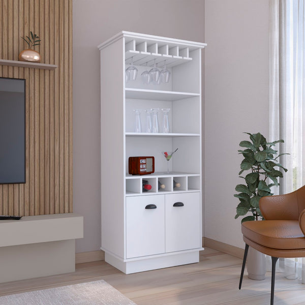 English Elm 70"h Tall Bar Cabinet with Wine Rack Glass Doors and Open Shelves for Dining Room White B097S00079