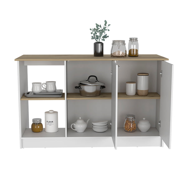 English Elm Juniper Kitchen Island with Spacious 59" Worktop, Four Open Shelves & Double-Door Cabinets B070S00128