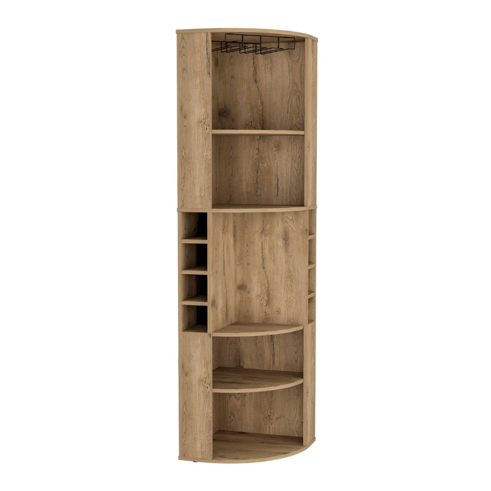 English Elm 71" Corner Bar Cabinet with Eight Bottle Cubbies Five Shelves White Laminate Finish B097S00082