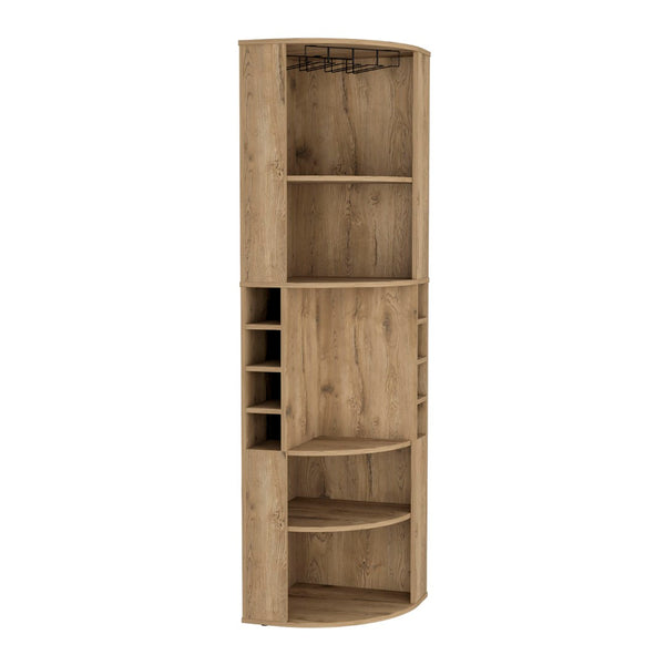 English Elm 71" Corner Bar Cabinet with Eight Bottle Cubbies Five Shelves White Laminate Finish B097S00082