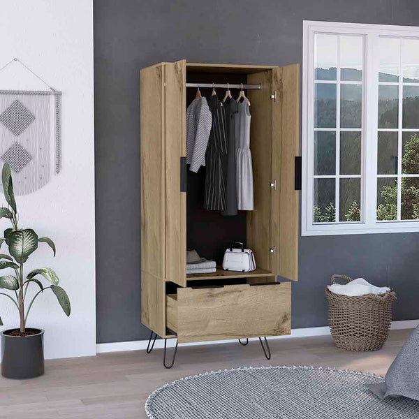 English Elm Augusta Light Oak Armoire Closet with Drawer & Double Doors, Beige Particleboard, Stylish Storage B070S00020