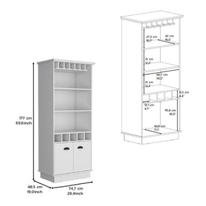 English Elm 70"h Tall Bar Cabinet with Wine Rack Glass Doors and Open Shelves for Dining Room White B097S00079
