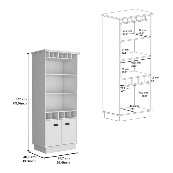English Elm 70"h Tall Bar Cabinet with Wine Rack Glass Doors and Open Shelves for Dining Room White B097S00079