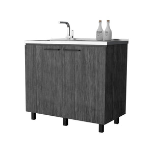 English Elm Smokey Oak Utility Sink Cabinet with Aluminum Countertop for Mudroom or Laundry Room B062S00392