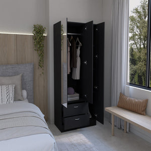 English Elm Riverside Mirrored Armoire with Three Doors, Two Drawers, Four Shelves and Dual Hanging Rods - Stylish Storage for Bedroom Organization Black 71 L x 16.9 W x 3.9 H B200S00276