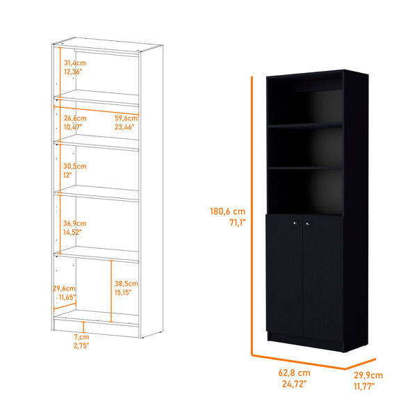 English Elm Wenge 2-Door Bookcase with 3 Open Shelves and Double-Door Storage — Stylish 71" Tall Display & Organization B062P175150