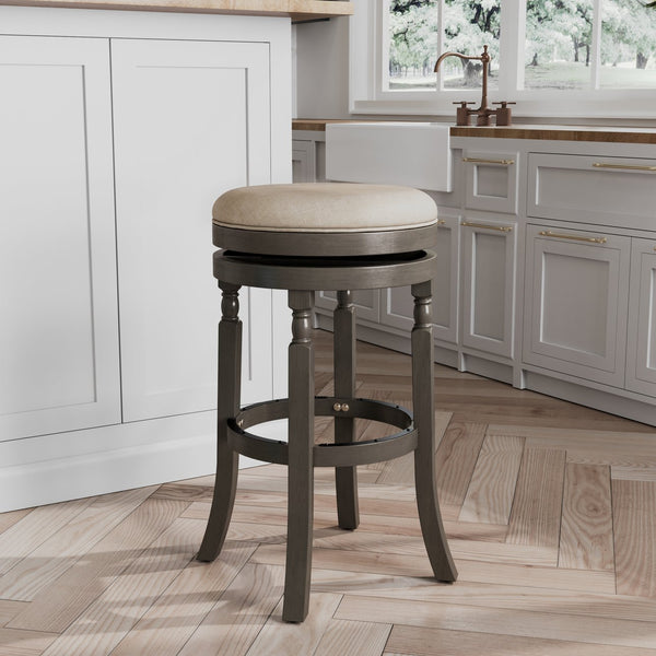 English Elm 30" Bar Stool - Weathered Gray With Beige Fabric Seat, 360° Swivel, Durable Construction & Style B04660733