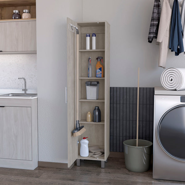 English Elm Concrete Gray Tall Storage Cabinet With Broom Hangers – Stylish, Slim Design For Organized Spaces! B062P175167