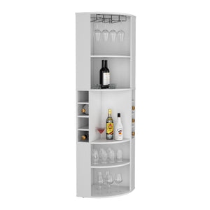 English Elm 71" Corner Bar Cabinet with Eight Bottle Cubbies Five Shelves White Laminate Finish B097S00081