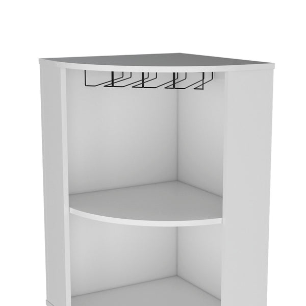 English Elm Oban Matte Black Corner Bar Cabinet with Bottle Cubbies and Open Stemware Shelves B200S00388