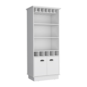 English Elm Dundee Tall White Bar Cabinet with Glass Panel Doors Open Cubbies and Display Shelves B200S00385