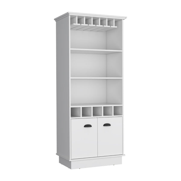 English Elm Dundee Tall White Bar Cabinet with Glass Panel Doors Open Cubbies and Display Shelves B200S00385