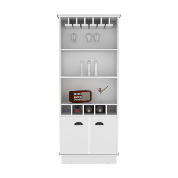 English Elm 70"h Tall Bar Cabinet with Wine Rack Glass Doors and Open Shelves for Dining Room White B097S00079