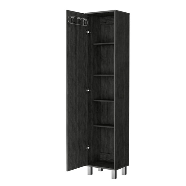 English Elm Smokey Oak Tall Storage Cabinet With 5 Shelves & Broom Hangers For Efficient Home Organization B062P175168-GIGA