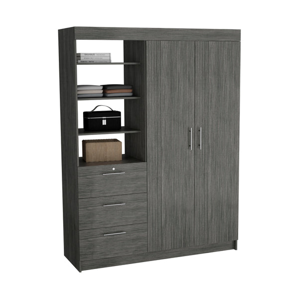English Elm 3-Tier Modern Armoire with Drawers & Shelves, Smokey Oak Finish, Metal Handles, Durable MDP Storage B097S00074