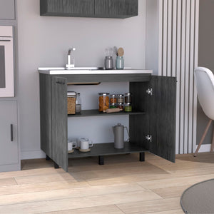 English Elm Napoles Utility Sink Cabinet Stainless Steel Top Smokey Oak Laundry Storage B200S00402