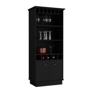 English Elm 70"h Tall Bar Cabinet with Wine Rack Glass Doors and Open Shelves for Dining Room Black B097S00080