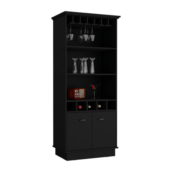 English Elm 70"h Tall Bar Cabinet with Wine Rack Glass Doors and Open Shelves for Dining Room Black B097S00080