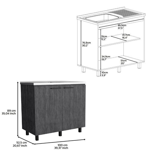English Elm 2 Door Freestanding Base Cabinet Smokey Oak Finish with Stainless Steel Work Surface B097S00078
