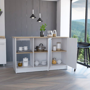 English Elm Juniper Kitchen Island with Spacious 59" Worktop, Four Open Shelves & Double-Door Cabinets B070S00128