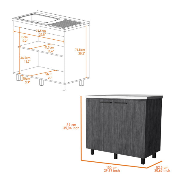 English Elm Smokey Oak Utility Sink Cabinet with Aluminum Countertop for Mudroom or Laundry Room B062S00392