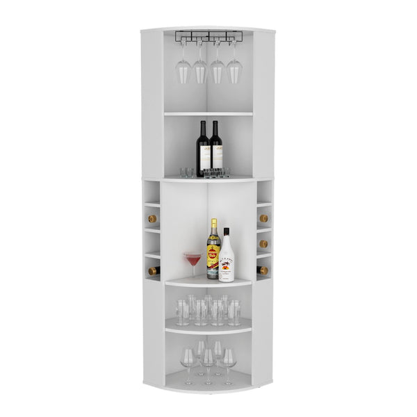 English Elm 71" Corner Bar Cabinet with Eight Bottle Cubbies Five Shelves White Laminate Finish B097S00081