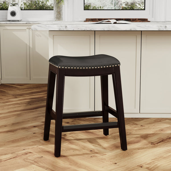 English Elm 24" Counter Stool Saddle Seat with Bonded Leather, Nailhead Trim, Metal Footplates & Solid Hardwood Frame Espresso B04660611