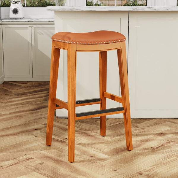 English Elm 30" Bar Stool Solid Hardwood Frame with Saddle Bonded Leather, Nailhead Trim & Metal Footplates B04660610