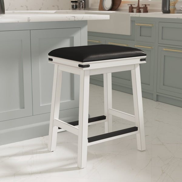 English Elm 24" Counter Stool Antique White with Black Bonded Leather Seat, Solid Hardwood Frame, Durable Design B04660622