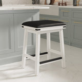 English Elm 24" Counter Stool, Antique White Finish, Black Leather Seat