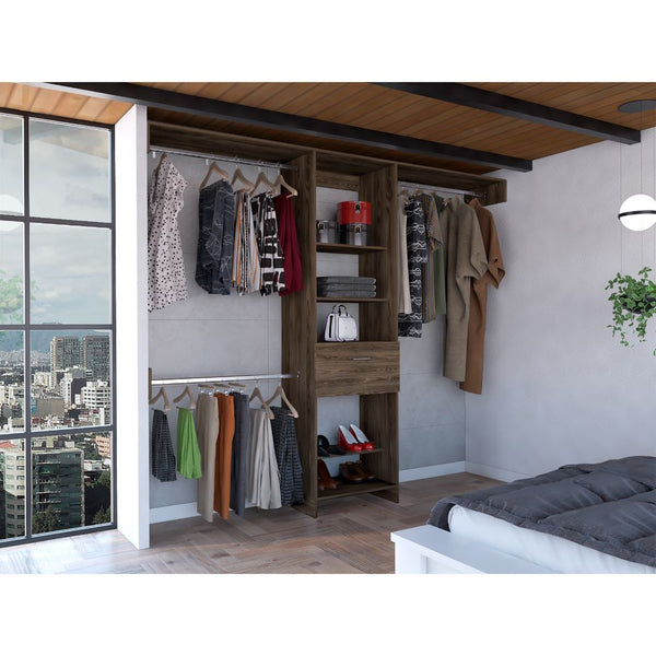English Elm Manchester versatile closet organizer system with five open shelves, drawer and three metal rods for streamlined storage and durable particleboard design Brown 82.7 L x 20.9 W x 3.9 H B070S00136