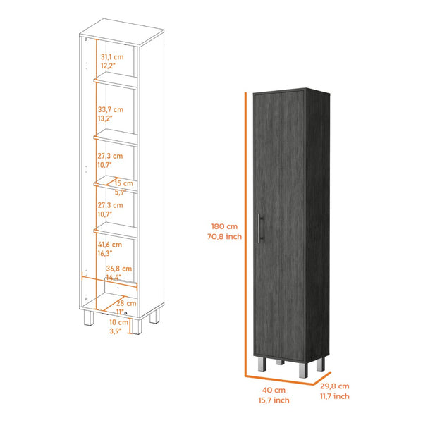 English Elm Smokey Oak Tall Storage Cabinet With 5 Shelves & Broom Hangers For Efficient Home Organization B062P175168-GIGA