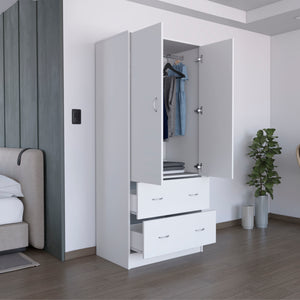 English Elm Armoire 71" H White - Compact 2-Door Closet with 2 Drawers, Hanging Rod, Durable MDP Finish B097S00072