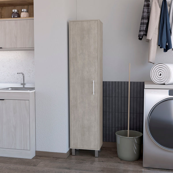 English Elm Concrete Gray Tall Storage Cabinet With Broom Hangers – Stylish, Slim Design For Organized Spaces! B062P175167