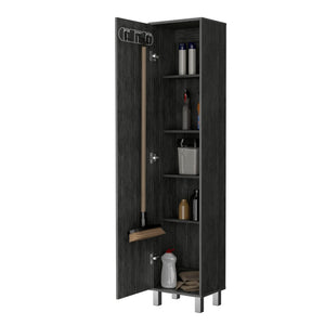 English Elm Smokey Oak Tall Storage Cabinet With 5 Shelves & Broom Hangers For Efficient Home Organization B062P175168-GIGA