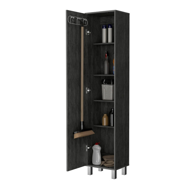 English Elm Smokey Oak Tall Storage Cabinet With 5 Shelves & Broom Hangers For Efficient Home Organization B062P175168-GIGA