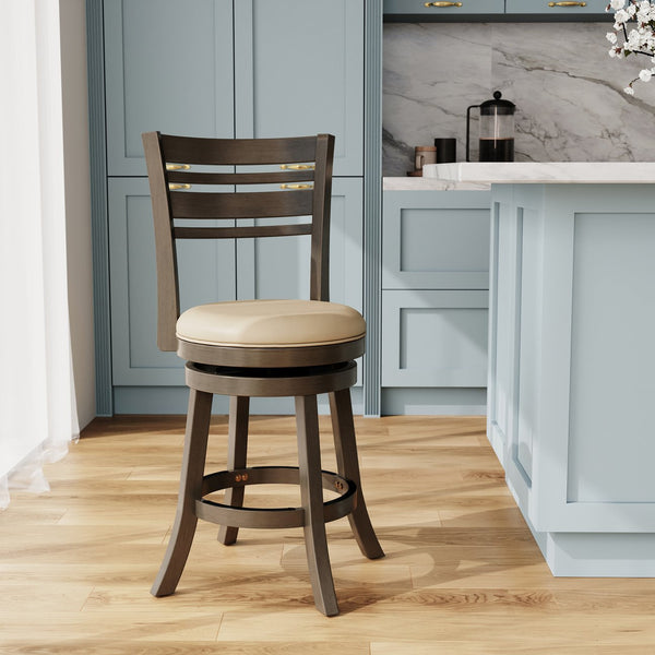 English Elm 24" Counter Height Swivel Stool with Slat Back, Bonded Leather Seat, Solid Hardwood Frame, Durable Gray B04660700