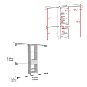 English Elm Manchester versatile closet organizer system with five open shelves, drawer and three metal rods for streamlined storage and durable particleboard design White 82.7 L x 20.9 W x 3.9 H B070S00137