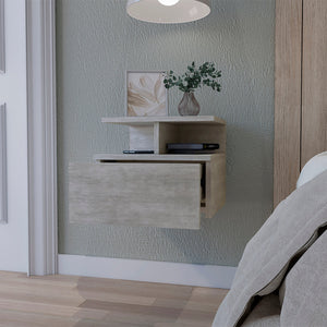 English Elm Concrete Gray Floating Nightstand with Drawer & 2-Tier Shelf, Wall-Mount Organizer for Small Spaces and Modern Bedrooms B062P175169